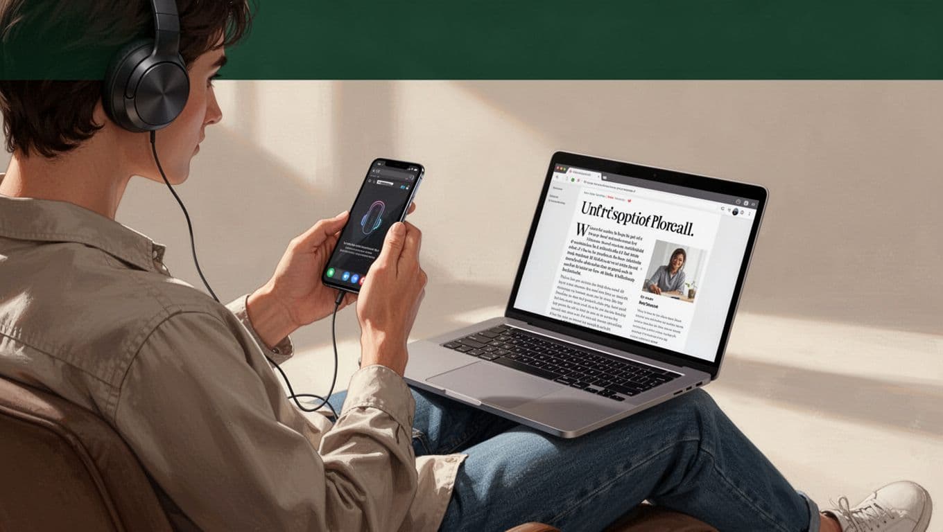 A person using a smartphone and laptop against a clean background with a green band.