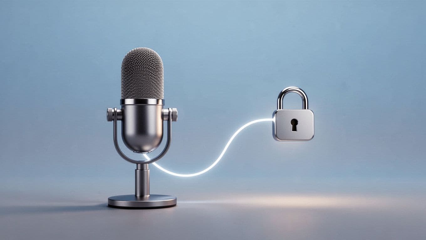 A sleek digital microphone is linked by a luminous blue light path to a central secure padlock icon. The minimalist vector design uses soft gray and blue tones for professional appeal.