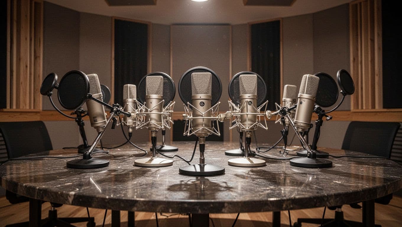 Professional microphones positioned on a studio desk under a dark green header.