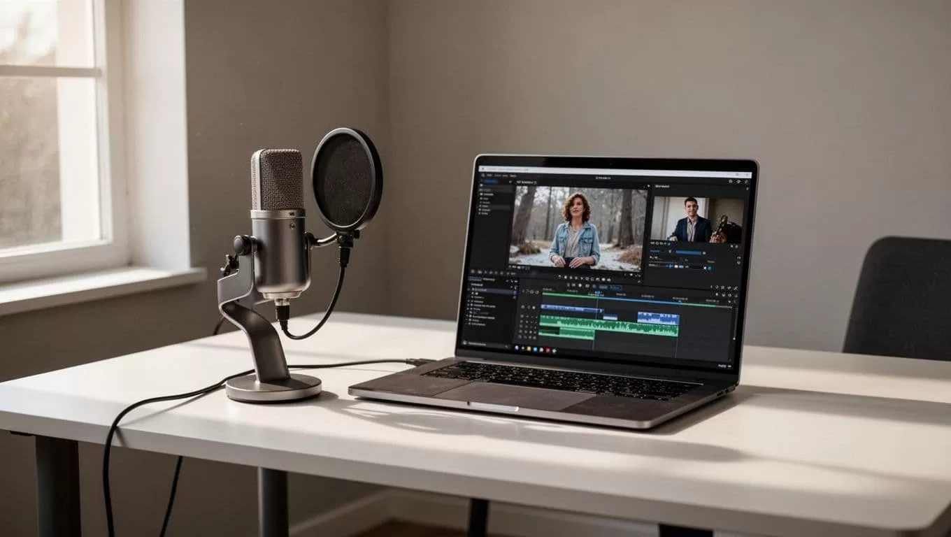 A high-end microphone sits on a clean desk beside a laptop screen displaying audio editing software. A bold green banner featuring white text spans the top of the minimalist workspace.