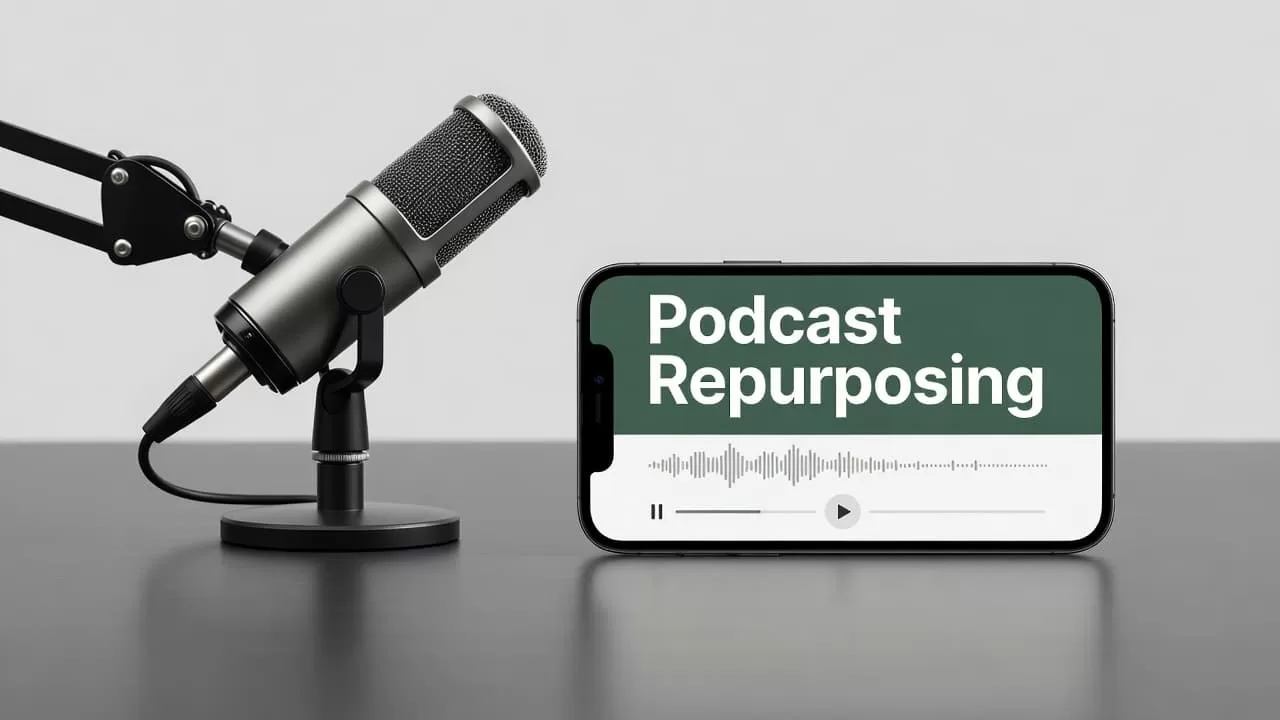 A high-quality professional microphone sits positioned beside a smartphone displaying a video editing interface. Soft studio lighting highlights the gear against a sleek dark green background for a modern aesthetic.