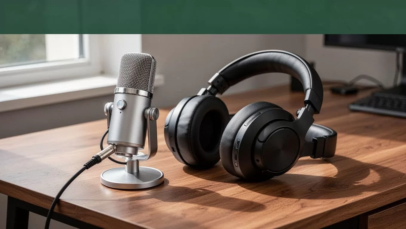 Microphone and headphones on a desk beneath a green podcast checklist banner.