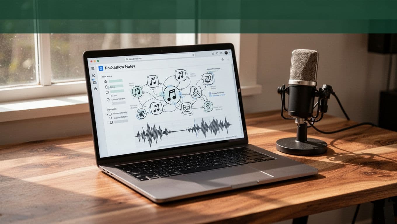 Laptop and microphone on a wooden desk beneath a green 