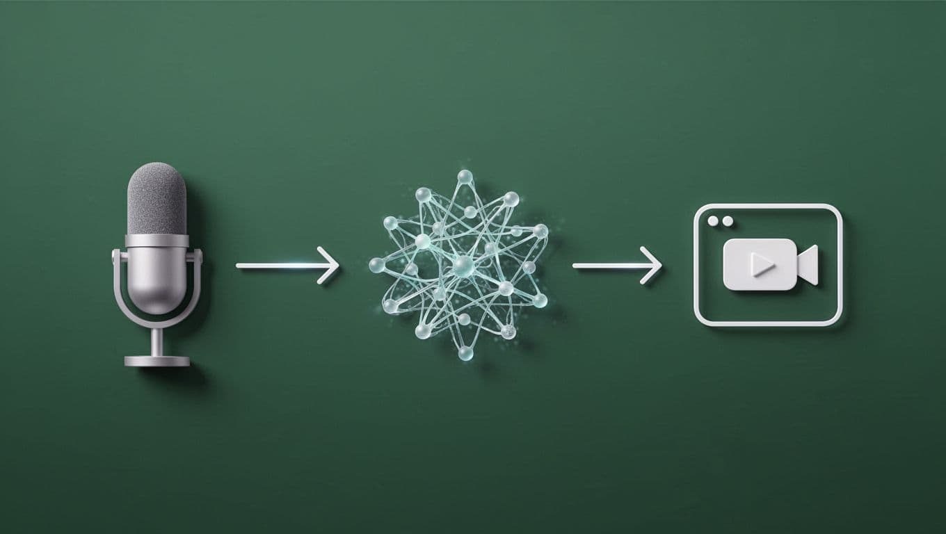 A dark green header with bold text displays above icons representing a microphone, a central brain symbol, and the TikTok logo. Connecting arrows demonstrate the automated pipeline of audio data processing.