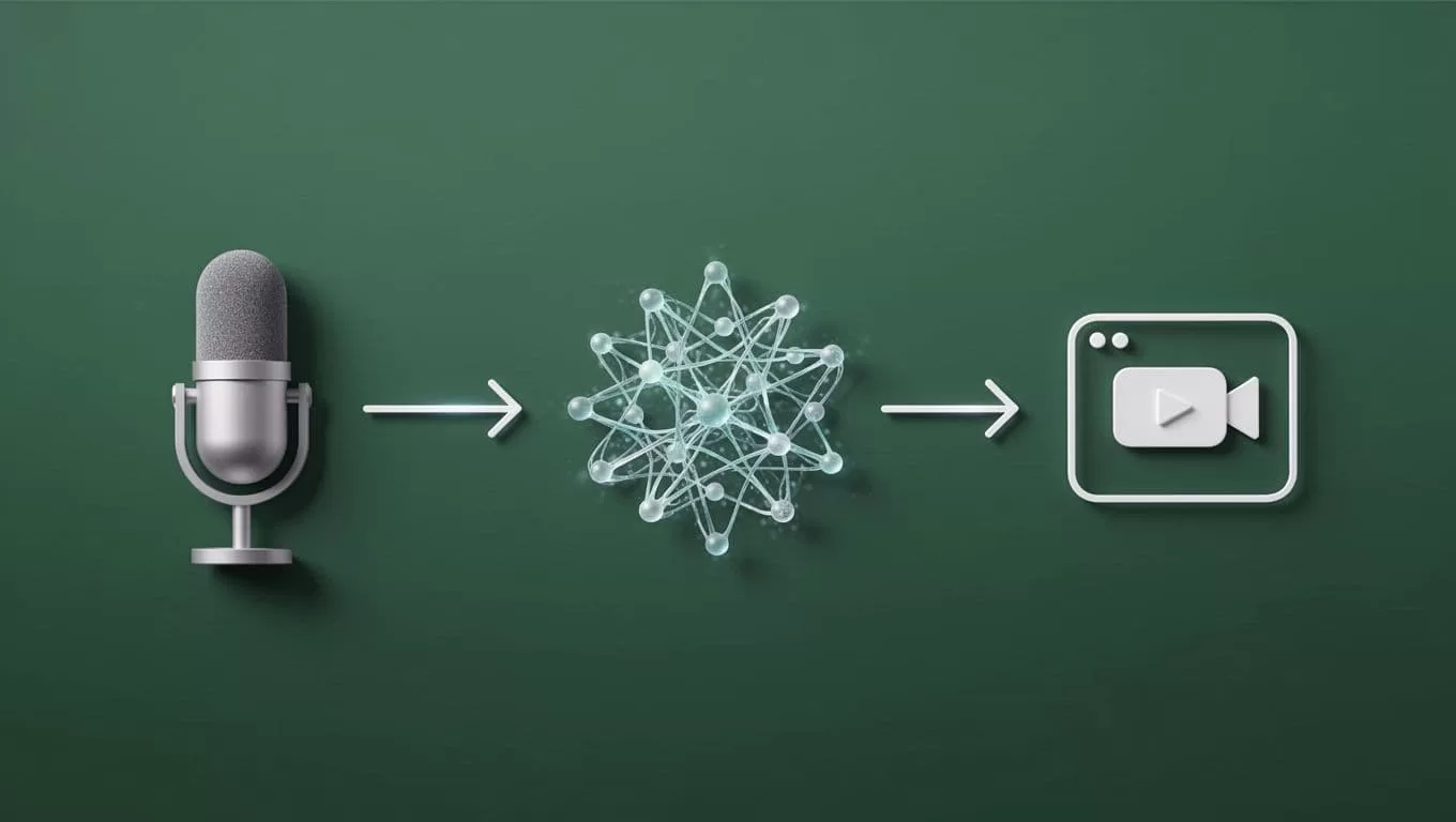 A dark green header with bold text displays above icons representing a microphone, a central brain symbol, and the TikTok logo. Connecting arrows demonstrate the automated pipeline of audio data processing.