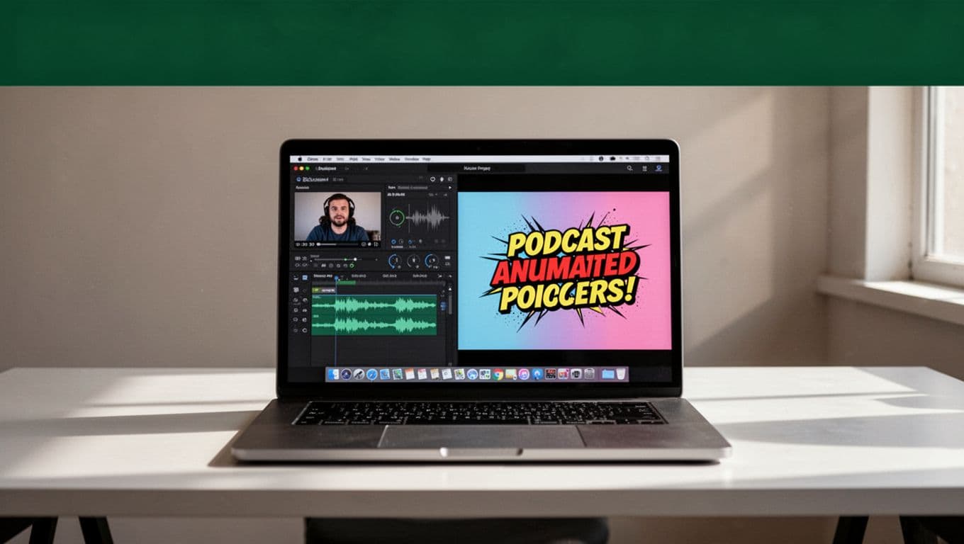 A professional desk setup features a laptop display showcasing a split-screen editing software. A bold dark-green banner sits at the top, while video clips and audio wave interfaces populate the screen.