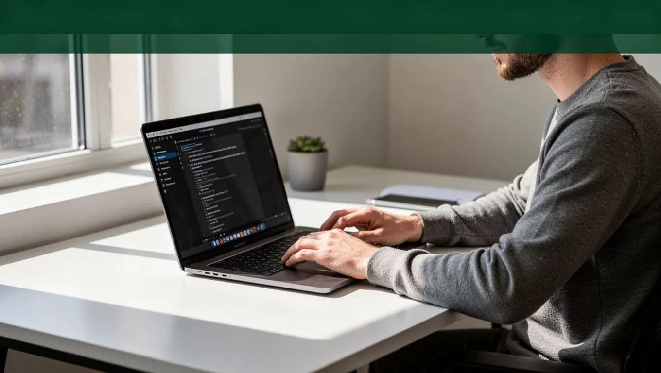 A focused professional edits video content on a sleek silver laptop atop a minimalist desk. The scene is illuminated by soft natural light, featuring a bold dark-green header with white text.