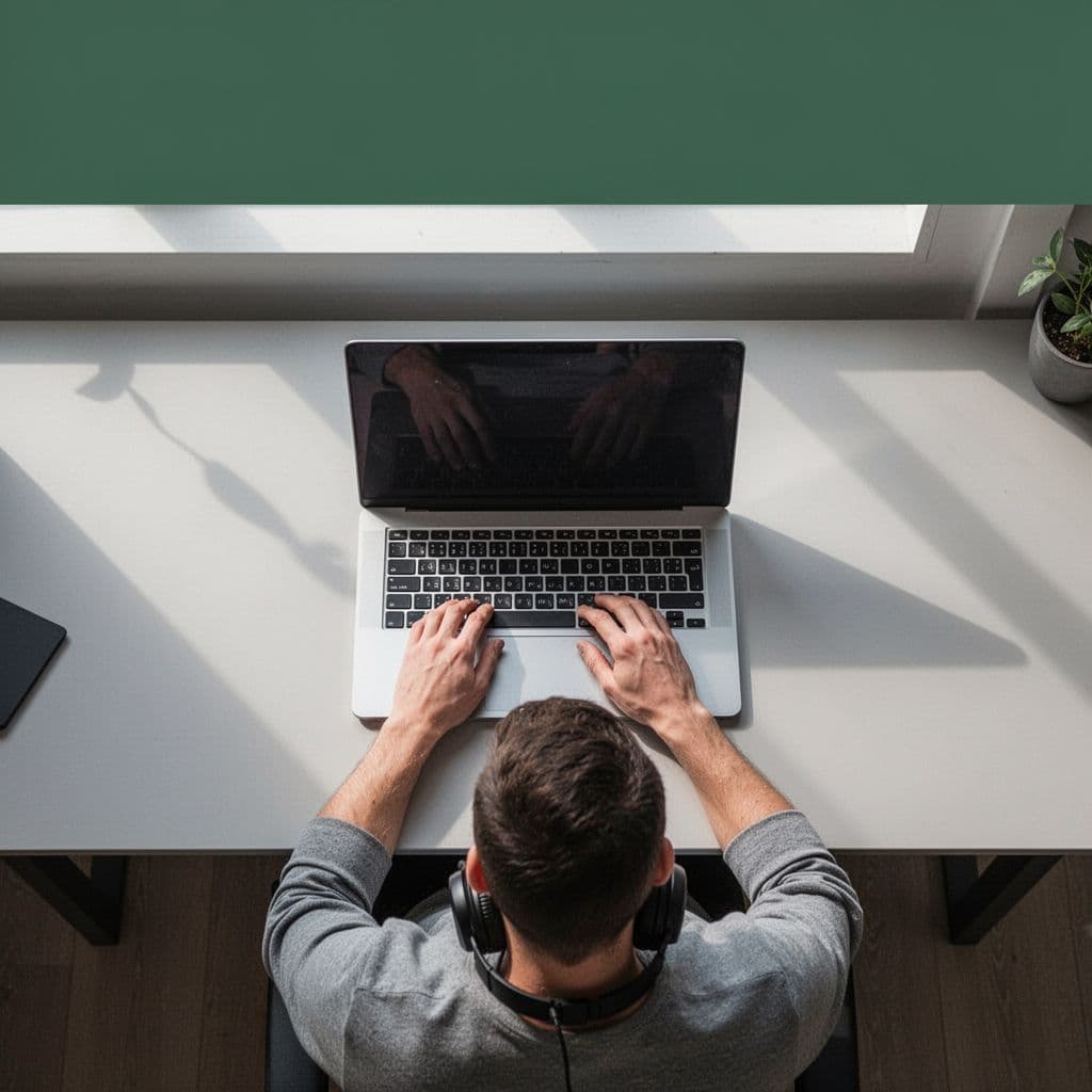 A top-down view shows a modern laptop centered on a clean desk. A person wearing headphones sits at the workstation, framed by a distinct dark-green header featuring workflow branding text.