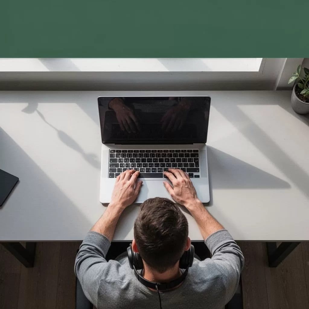 A top-down view shows a modern laptop centered on a clean desk. A person wearing headphones sits at the workstation, framed by a distinct dark-green header featuring workflow branding text.
