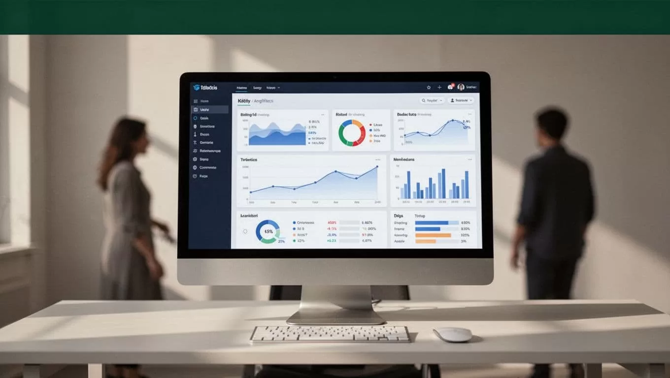A clean desk featuring a digital popup testing analytics dashboard with a dark green header bar.