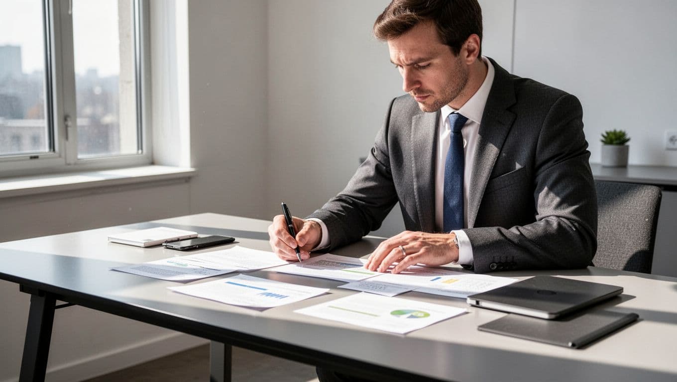 A professional reviewing notes at a clean desk before a big speech.