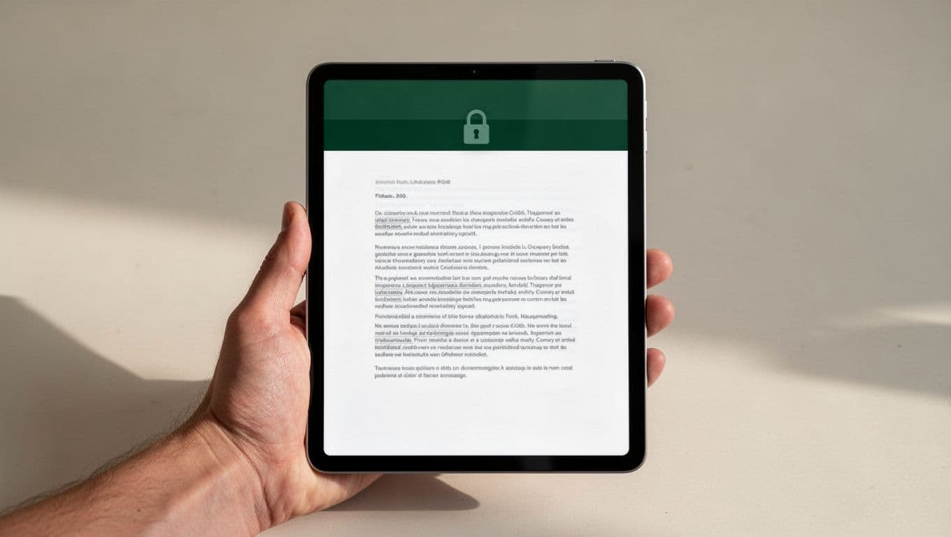 A hand holds a digital document featuring a secure lock icon and bold white text within a dark green top header. The layout follows a clean, minimalist, and geometric design aesthetic.