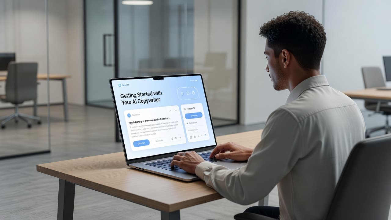 A professional desk setup features a person typing on a laptop screen displaying a clean marketing dashboard with minimalist blue and white interface elements. Soft ambient light highlights the workspace surroundings.