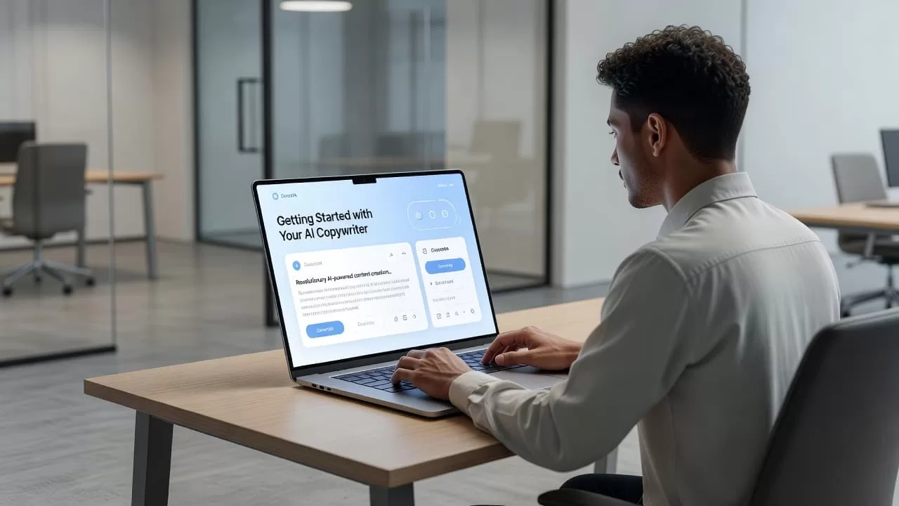 A professional desk setup features a person typing on a laptop screen displaying a clean marketing dashboard with minimalist blue and white interface elements. Soft ambient light highlights the workspace surroundings.