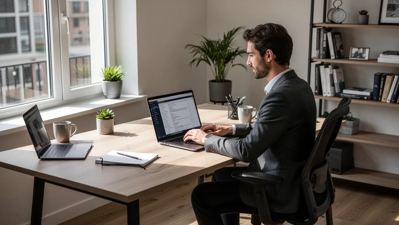 A professional working on a laptop at a clean desk in a modern home office.