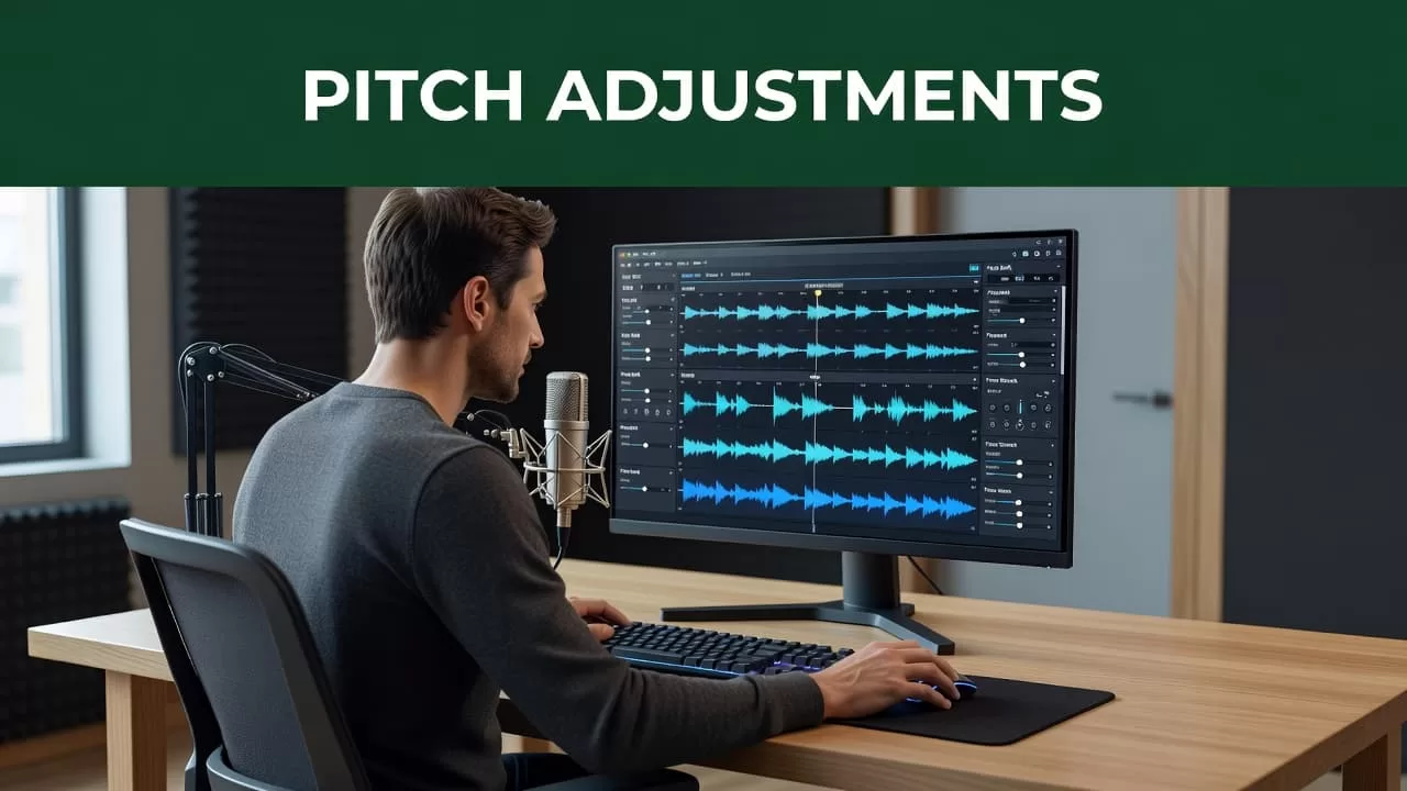 A professional monitor showing audio editing software with a pitch adjustment header.