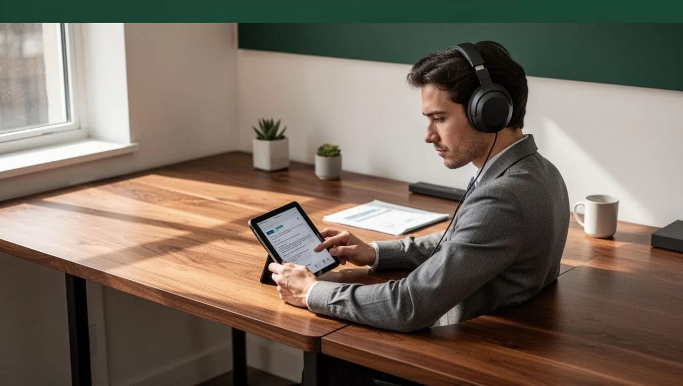 A professional with headphones listens to documents on a tablet at a wooden desk.