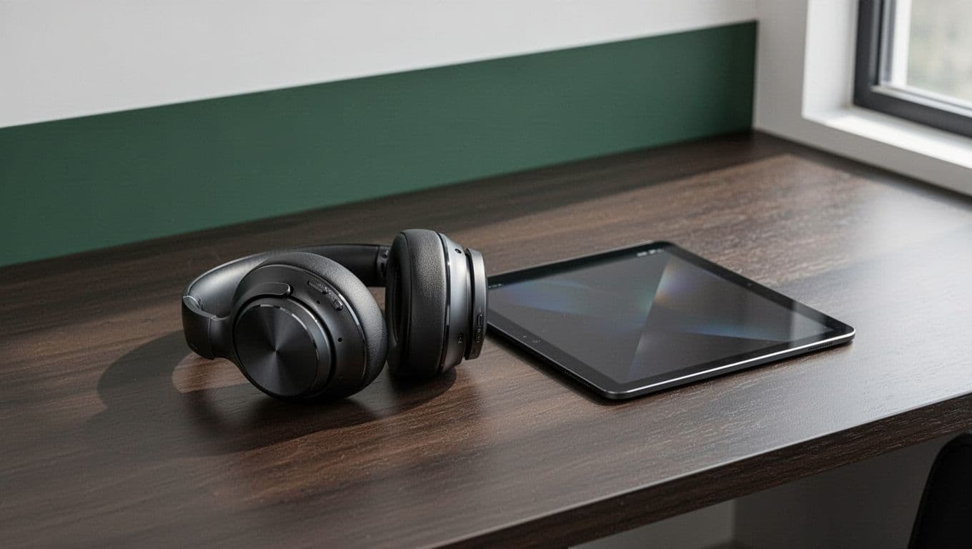 A sleek digital tablet and high-quality studio headphones rest on a clean desk surface. Above the equipment, a distinct dark green horizontal banner displays the white headline text Practical Uses.