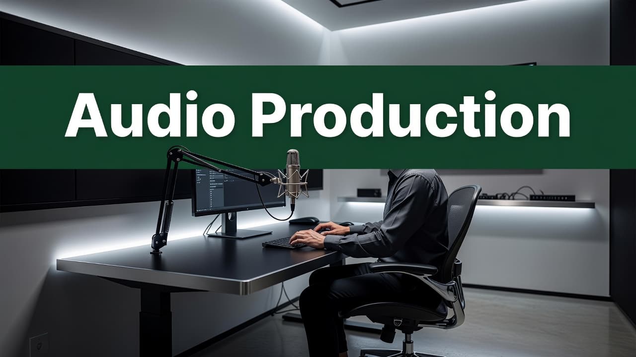 A high-quality microphone stands prominently on a minimalist desk surface under moody ambient lighting. A bold green header banner with white text titled Audio Production looms above the workspace setup.