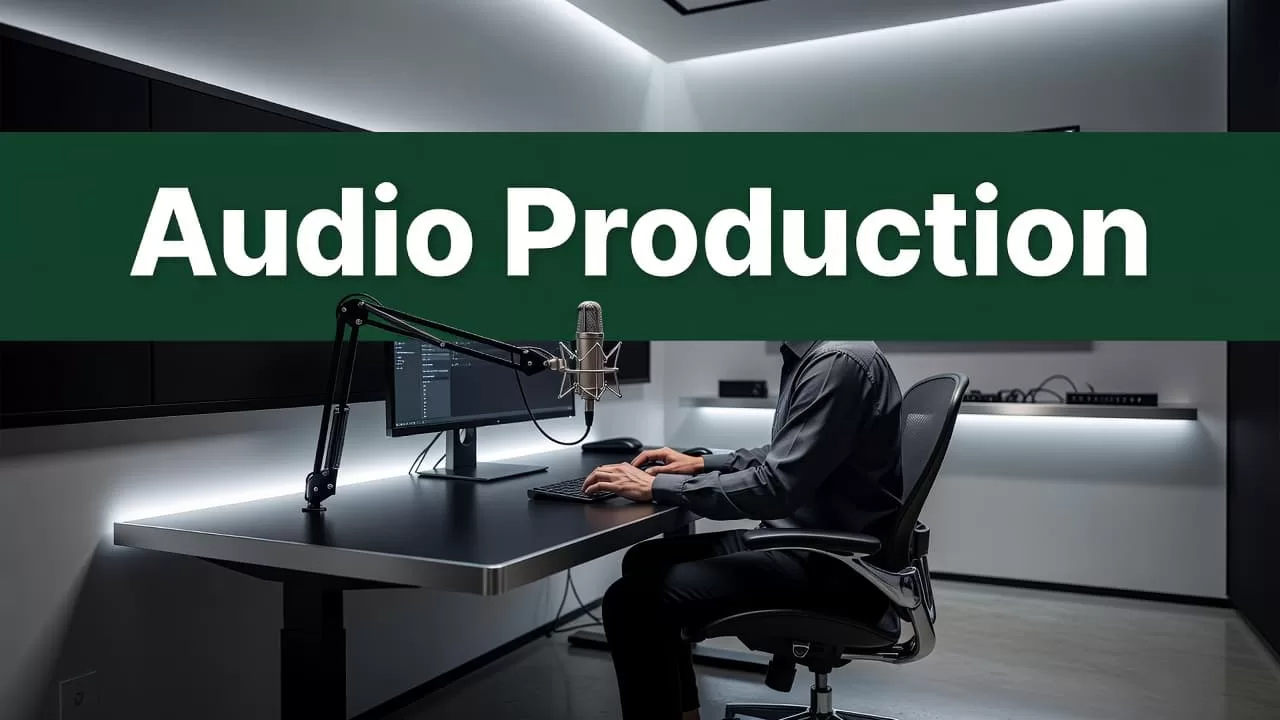A high-quality microphone stands prominently on a minimalist desk surface under moody ambient lighting. A bold green header banner with white text titled Audio Production looms above the workspace setup.