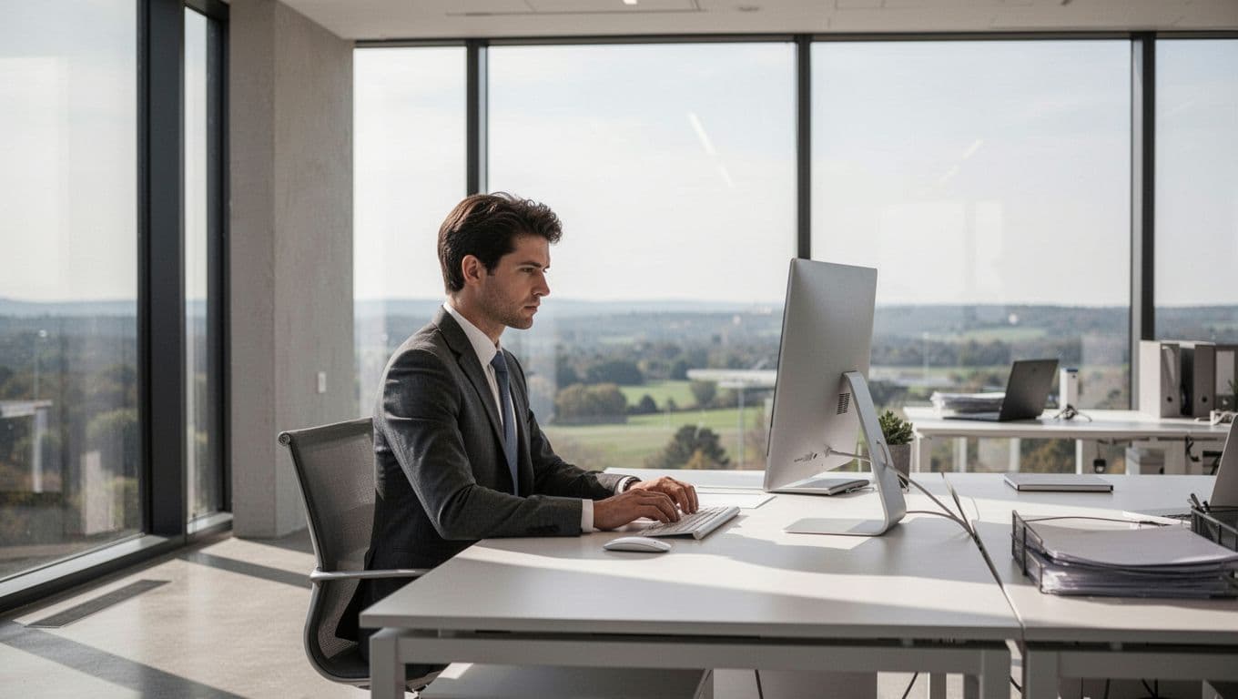 A professional working on audio software at a minimalist computer desk.