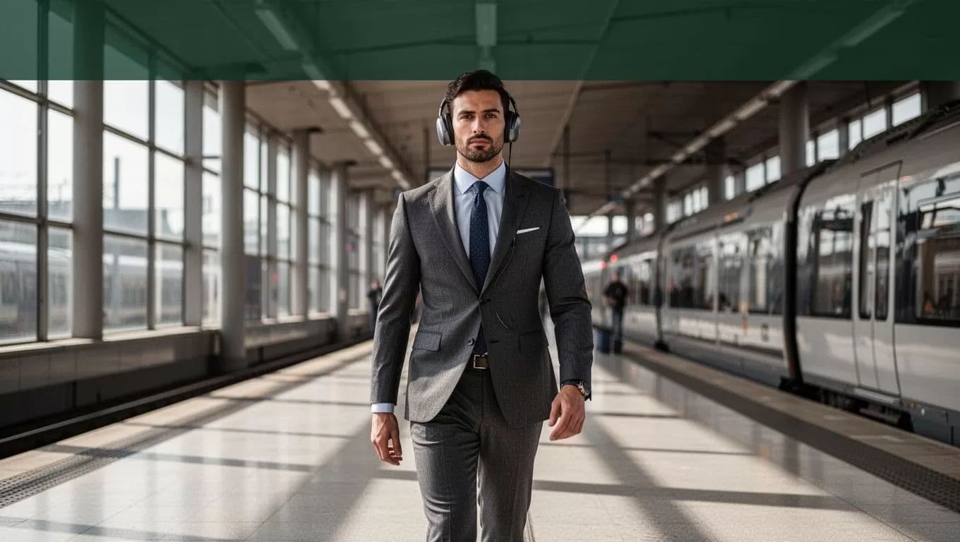 A business professional in a suit walks through a station wearing sleek headphones.