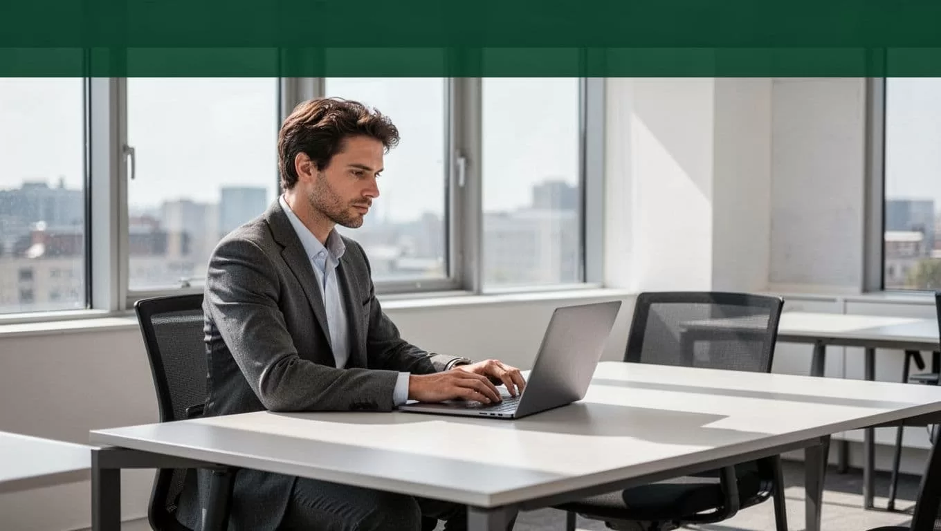 A focused professional sits at a clean, minimalist desk typing on a laptop. Above the scene, a bold dark green horizontal banner displays the clear white text labeled AI Strategy.
