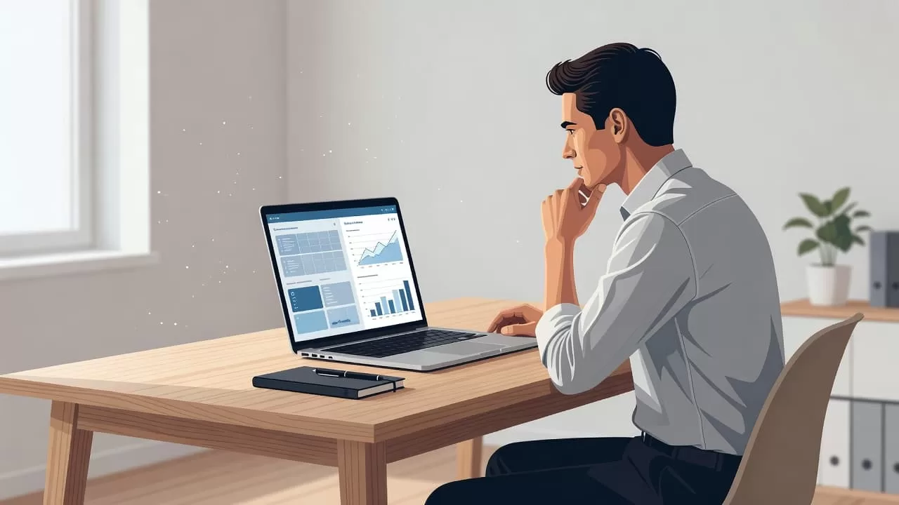 A focused individual sits at a minimalist wooden desk, contemplating software choices on a split-screen laptop. Soft daylight illuminates the clean, professional home office, highlighting the serene and organized creative environment.