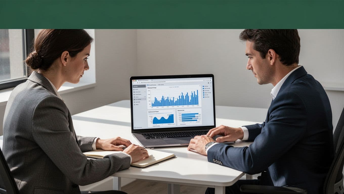 Two professionals look at data on a computer screen inside a modern office space.