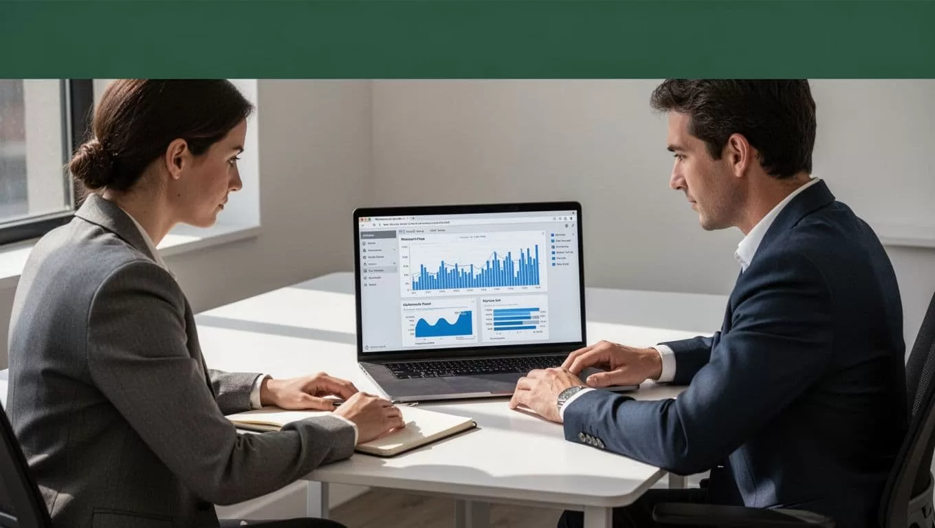 Two professionals look at data on a computer screen inside a modern office space.
