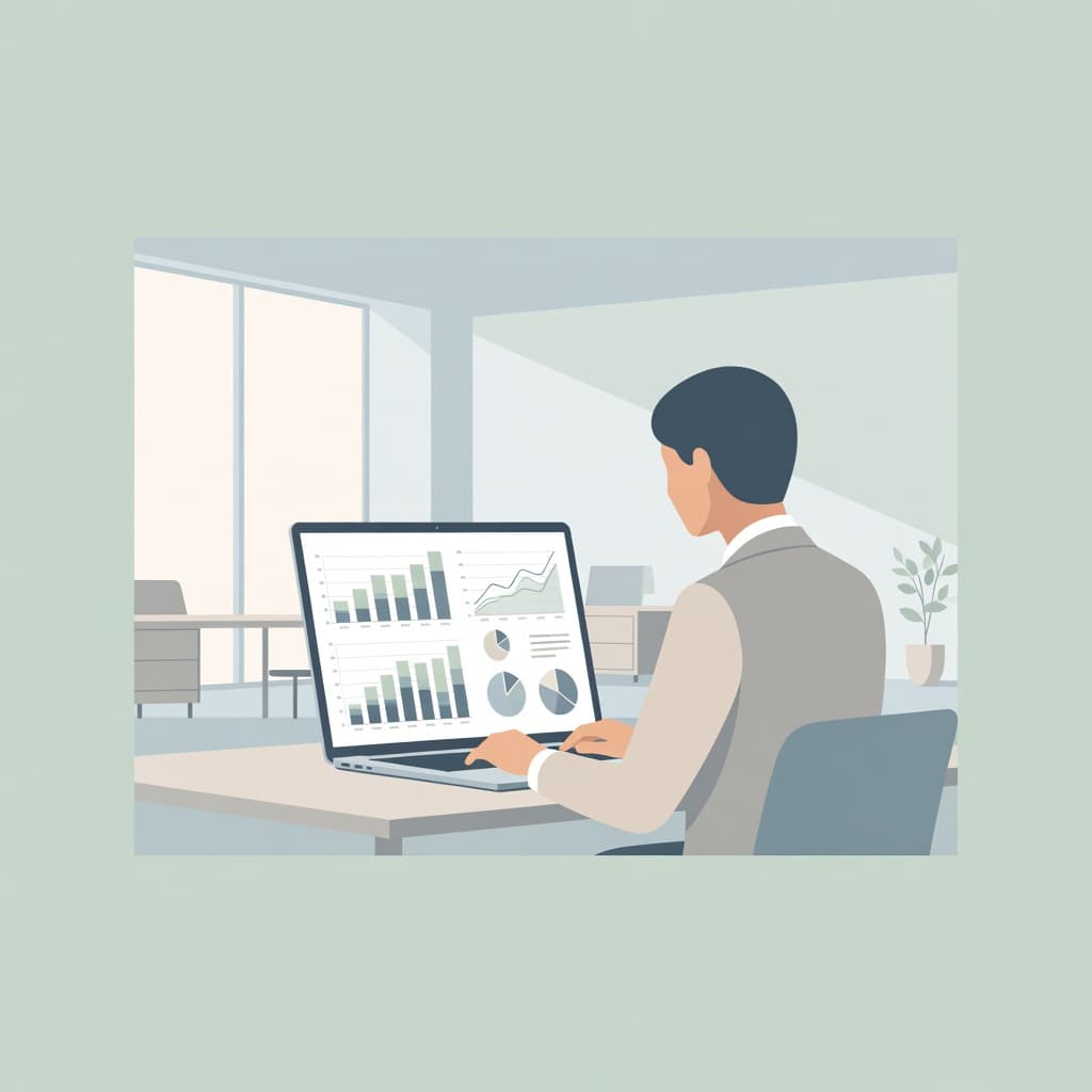 A flat-style illustration shows a person at a desk viewing complex charts and data visualizations on a laptop. The modern office features a soft, muted color palette and clean lines.