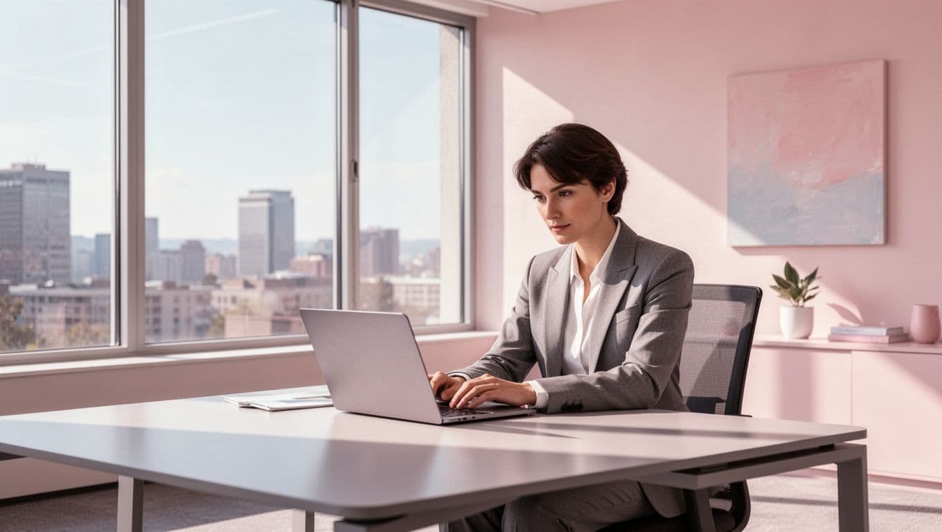 A focused individual sits at a minimalist desk inside a brightly lit office. They interact with a sleek laptop as soft daylight highlights the clean lines and modern design of the space.