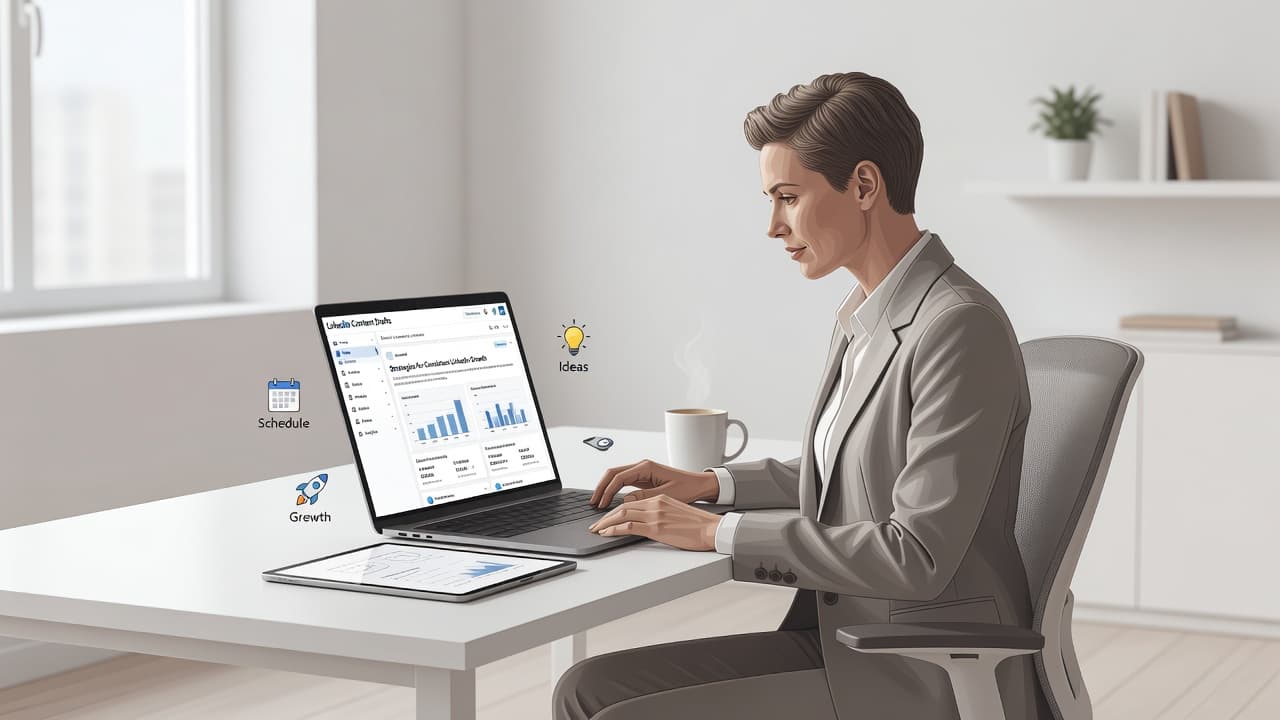 A focused professional sits at a clean, minimalist desk while typing on a laptop to draft LinkedIn posts. Soft sunlight illuminates the organized workspace featuring neutral tones and sharp geometric lines.
