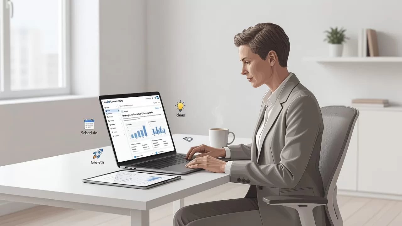 A focused professional sits at a clean, minimalist desk while typing on a laptop to draft LinkedIn posts. Soft sunlight illuminates the organized workspace featuring neutral tones and sharp geometric lines.
