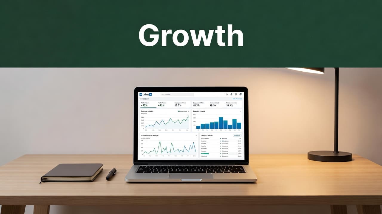 A clean desk features an open laptop displaying professional metrics, bathed in warm ambient lighting. A bold horizontal green header with white Growth text rests above the organized, minimalist workspace.