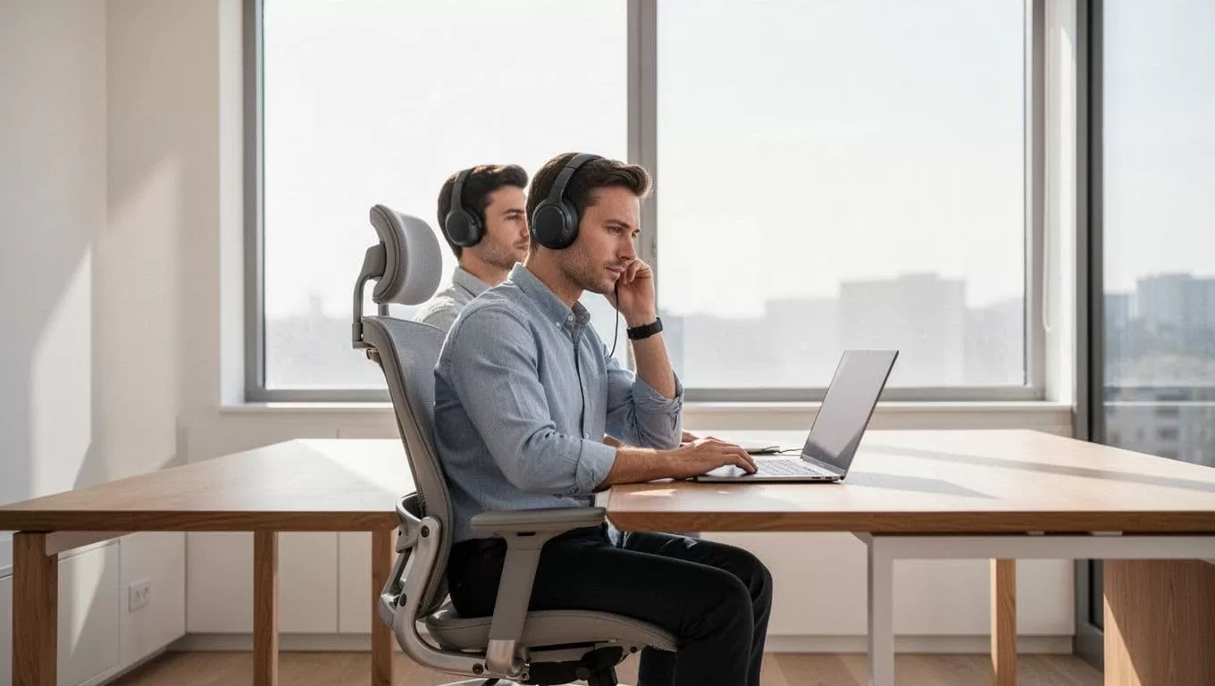 A professional in headphones sits at a sunny desk with a closed laptop.