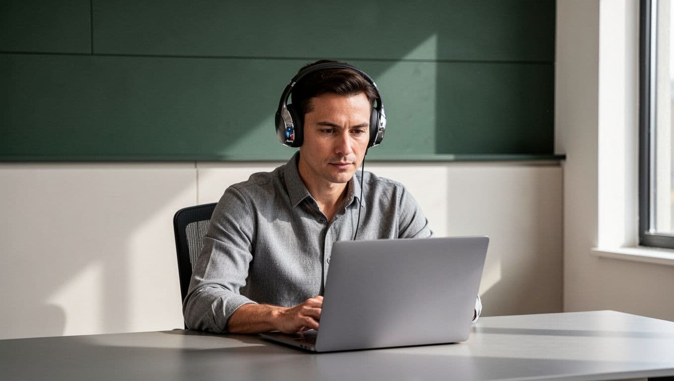 A focused individual wears wireless headphones while working at a laptop in a minimalist office. A dark green header bar at the top displays bold white geometric text about listening news.