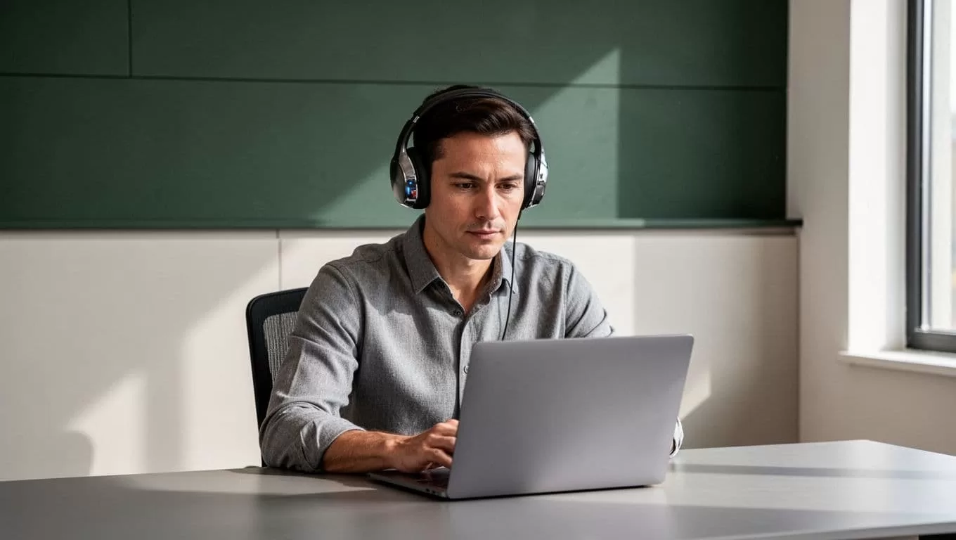 A focused individual wears wireless headphones while working at a laptop in a minimalist office. A dark green header bar at the top displays bold white geometric text about listening news.