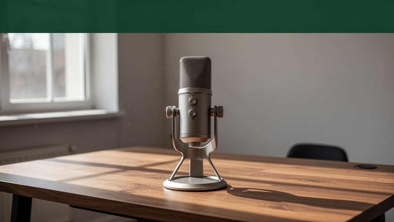 A sleek silver microphone sits centered on a minimalist desk. Above, a deep green horizontal header panel displays the bold white typographic headline Create Your Voice in a crisp geometric font.
