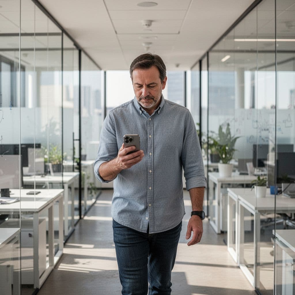 A focused individual holds a smartphone in a bright office environment, while a bold green bar at the top displays clean white text. The scene captures a moment of digital productivity.