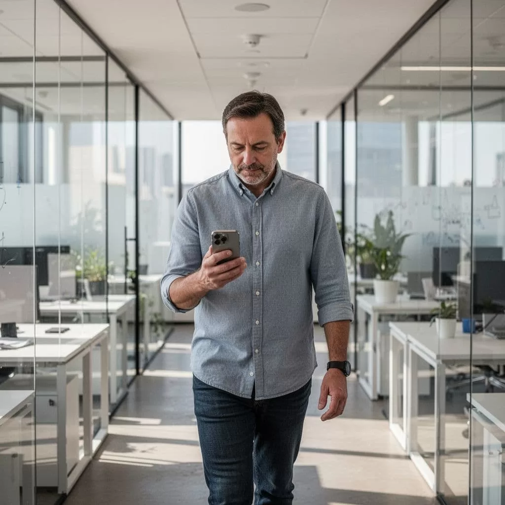A focused individual holds a smartphone in a bright office environment, while a bold green bar at the top displays clean white text. The scene captures a moment of digital productivity.