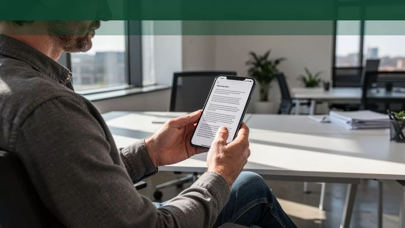 A person reading documents on a smartphone inside a brightly lit office.