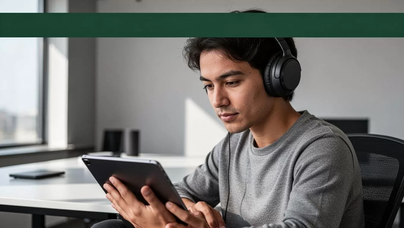 A professional in headphones reviews content on a tablet under a dark green header.