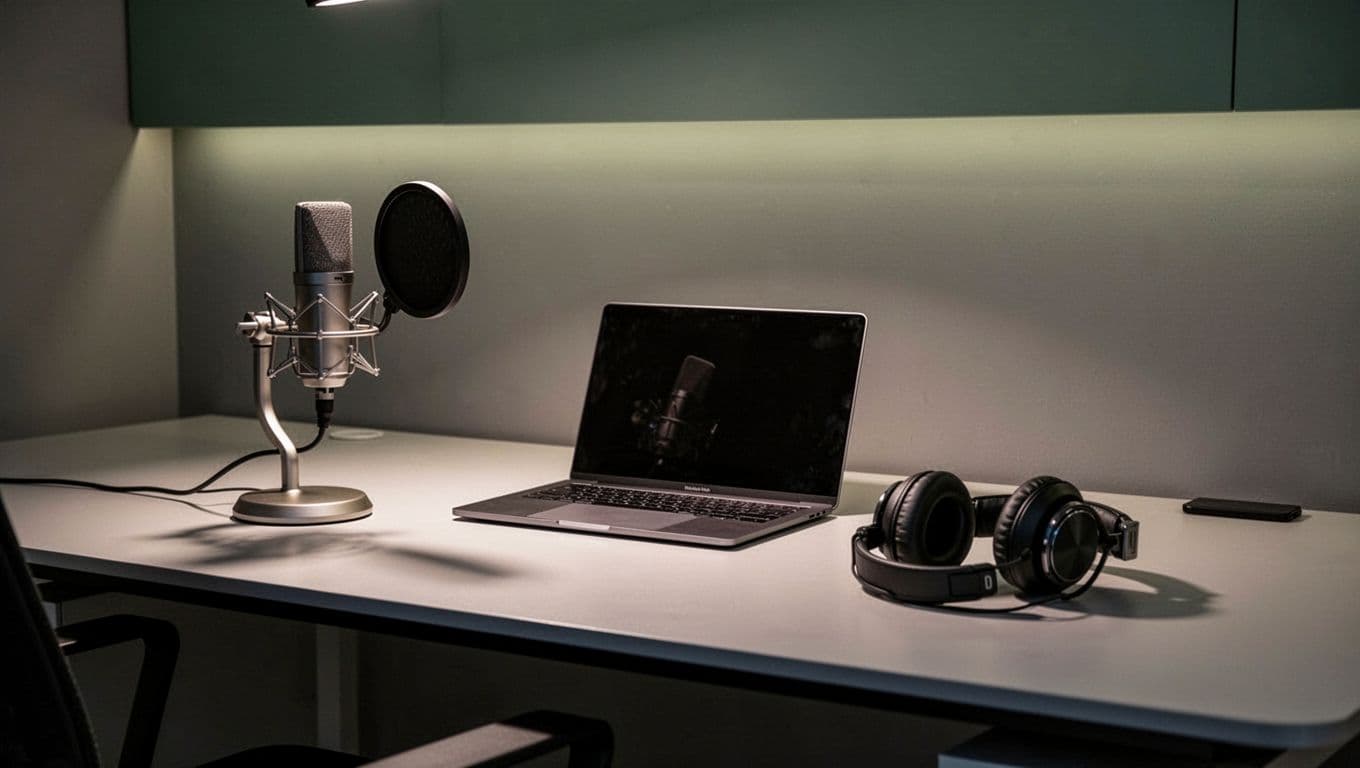 A dark workspace features a sleek laptop, professional studio microphone, and high-quality headphones. A bold green banner sits at the top displaying white text that reads Growth Workflow clearly.