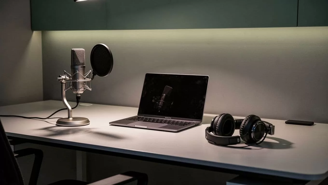 A dark workspace features a sleek laptop, professional studio microphone, and high-quality headphones. A bold green banner sits at the top displaying white text that reads Growth Workflow clearly.