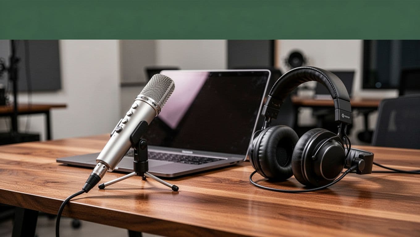 A high-end dynamic microphone and premium headphones rest on a sleek wooden desk beside a laptop. The background is clean and professional, highlighted by a dark green decorative header strip.