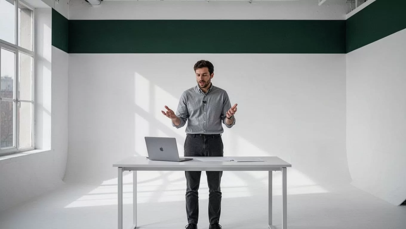 A professional rehearsing a presentation in a minimalist room with a green accent band.