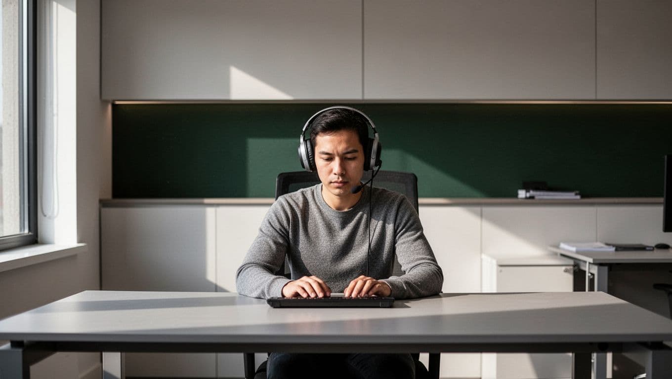 A person wearing headphones at a desk focused on efficient learning and information processing.