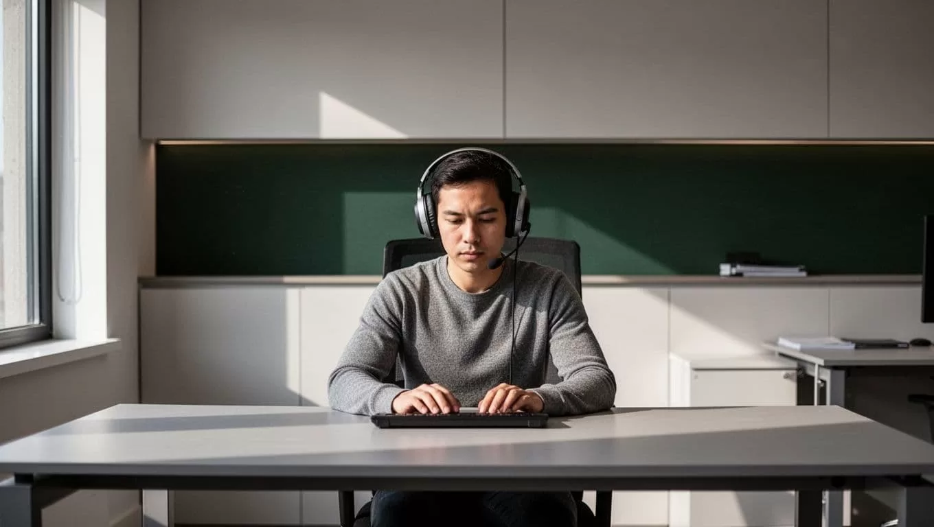 A person wearing headphones at a desk focused on efficient learning and information processing.