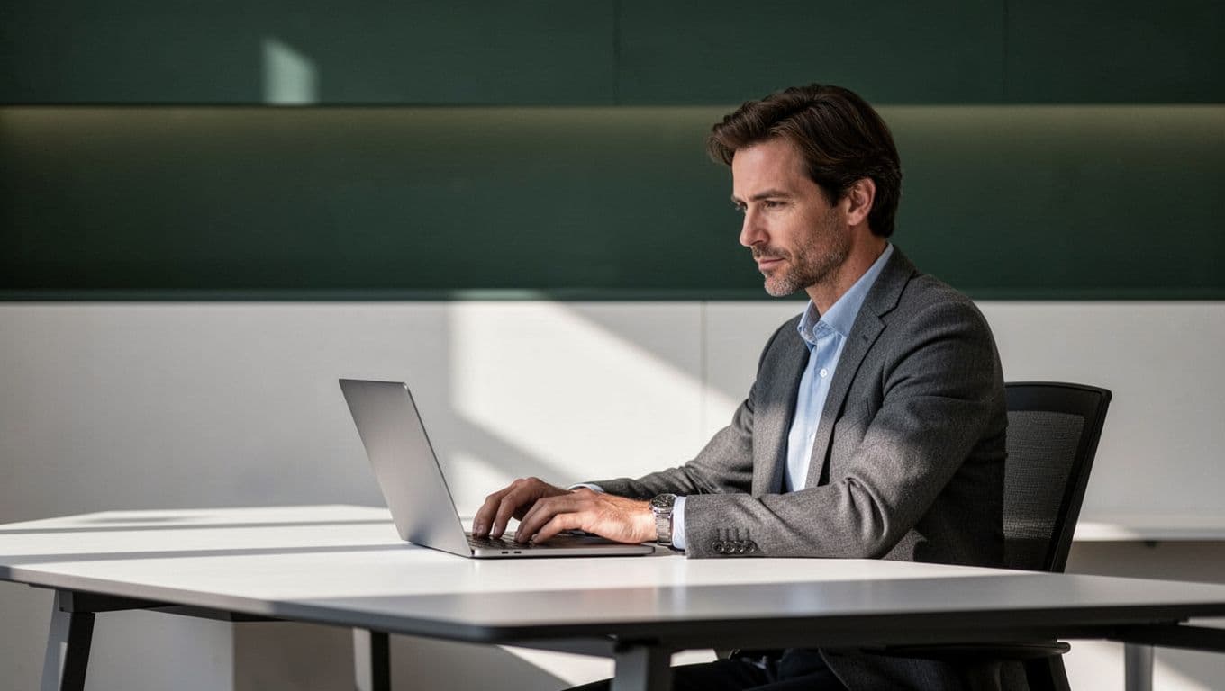A person types on a laptop at a minimalist desk beneath a dark green header bar labeled Text To Audio. Natural light illuminates the clean, distraction-free workspace during a productive session.